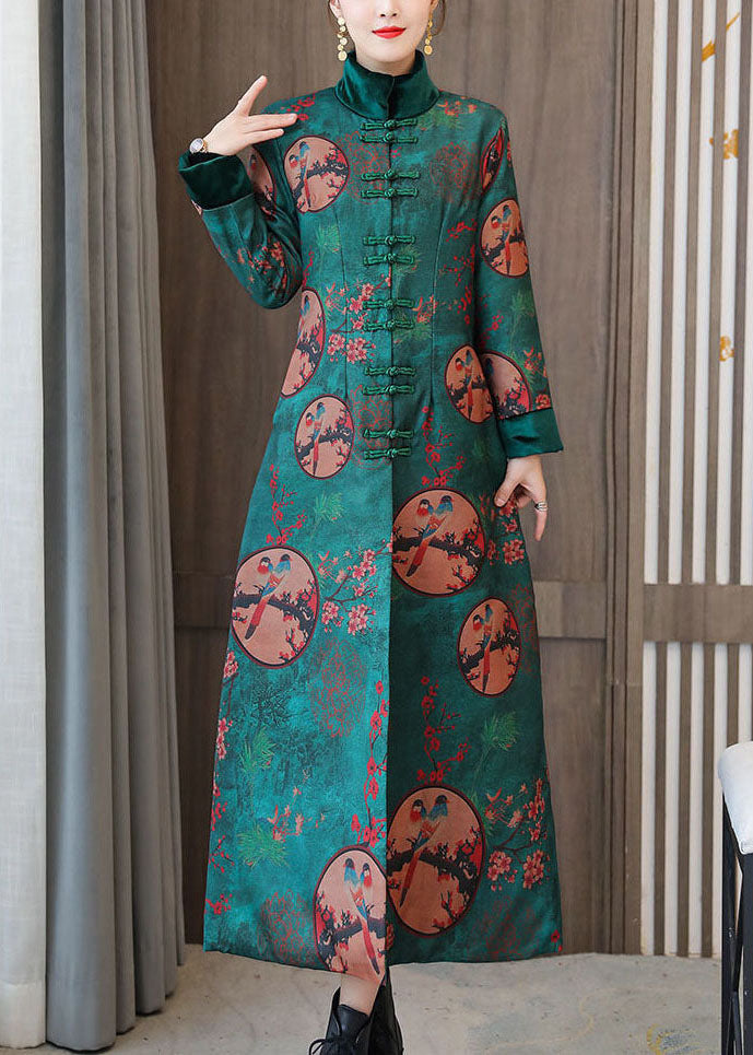 Green Stand Collar Chinese Style Print Fine Cotton Filled Coats Winter