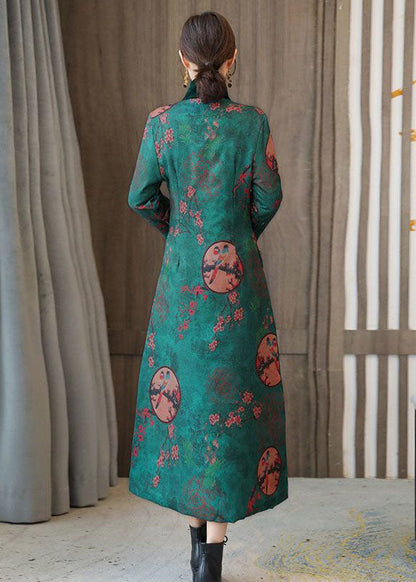 Green Stand Collar Chinese Style Print Fine Cotton Filled Coats Winter