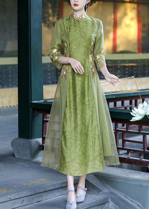 Green Stand Collar Embroideried Button Tulle Silk Dress Long Sleeve