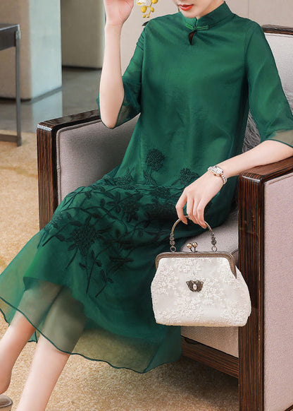 Green Stand Collar Embroideried Button Tulle Long Dresses Half Sleeve