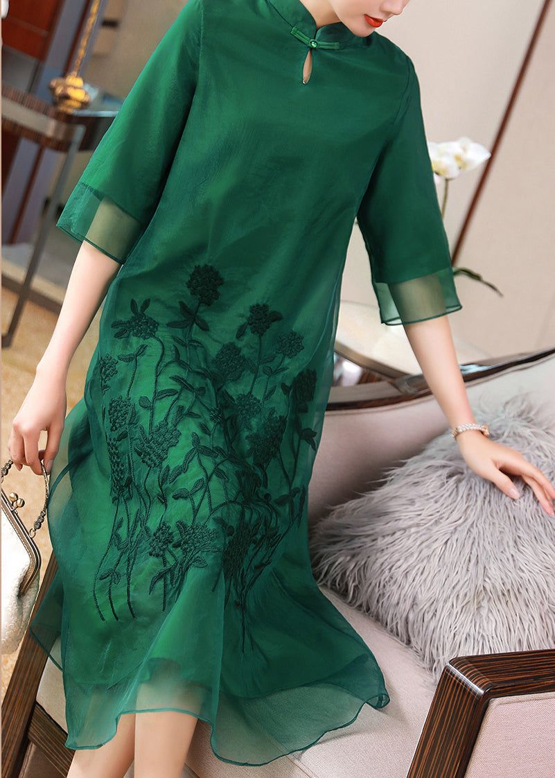 Green Stand Collar Embroideried Button Tulle Long Dresses Half Sleeve
