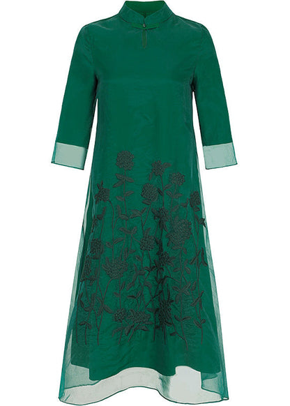 Green Stand Collar Embroideried Button Tulle Long Dresses Half Sleeve