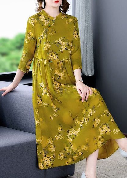 Green Stand Collar Print Silk Cheongsam Dress Bracelet Sleeve