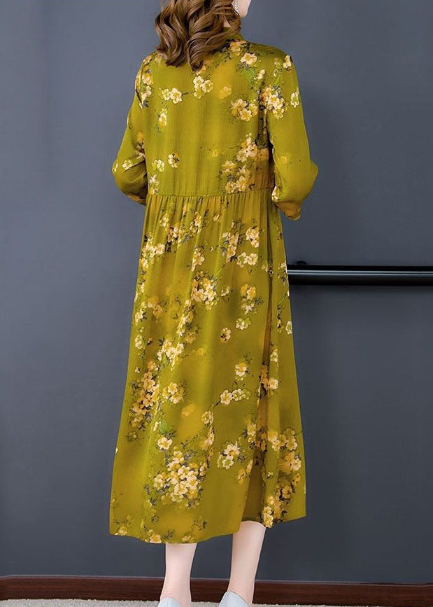 Green Stand Collar Print Silk Cheongsam Dress Bracelet Sleeve
