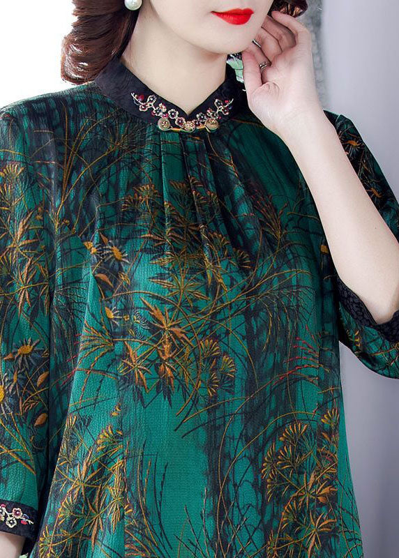 Green Stand Collar Print Silk Dress Half Sleeve