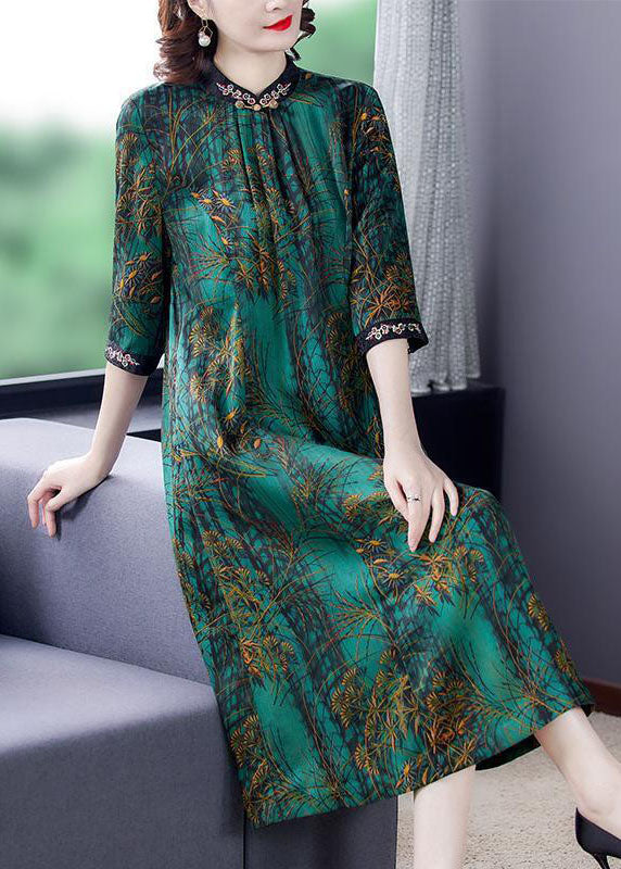Green Stand Collar Print Silk Dress Half Sleeve