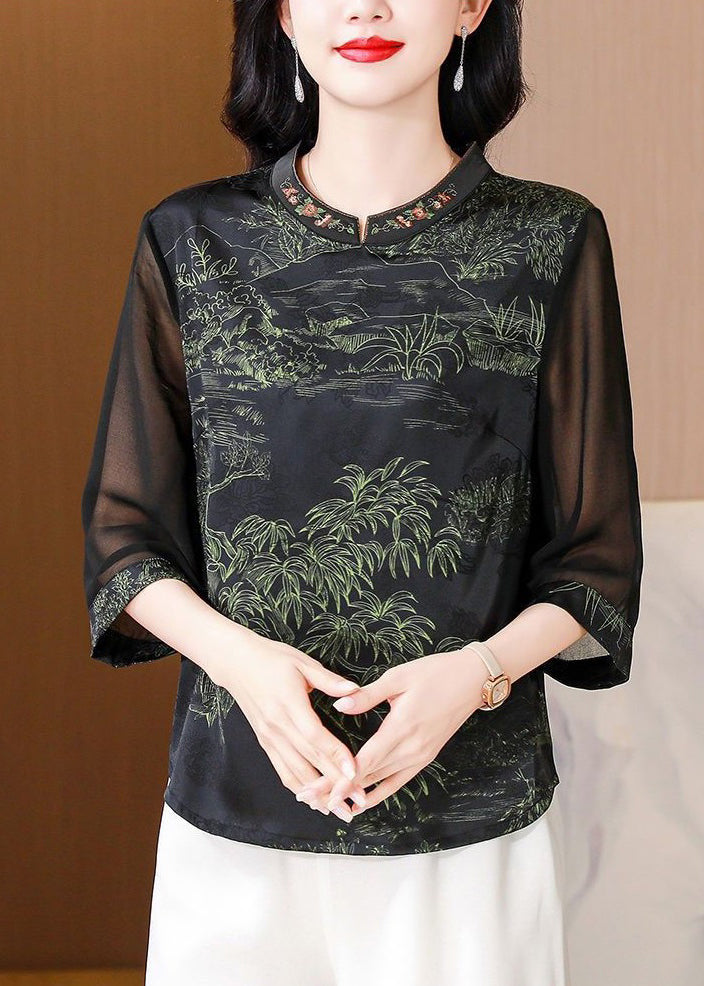 Green Stand Collar Print Silk Top Half Sleeve