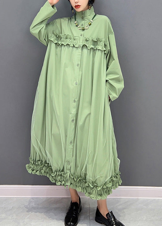 Green Stand Collar Ruffled Tulle Patchwork Button Maxi Dress Winter