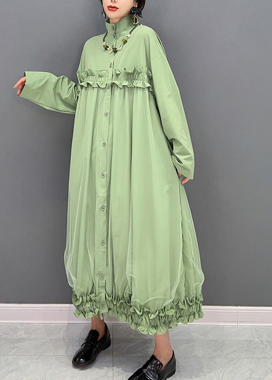 Green Stand Collar Ruffled Tulle Patchwork Button Maxi Dress Winter
