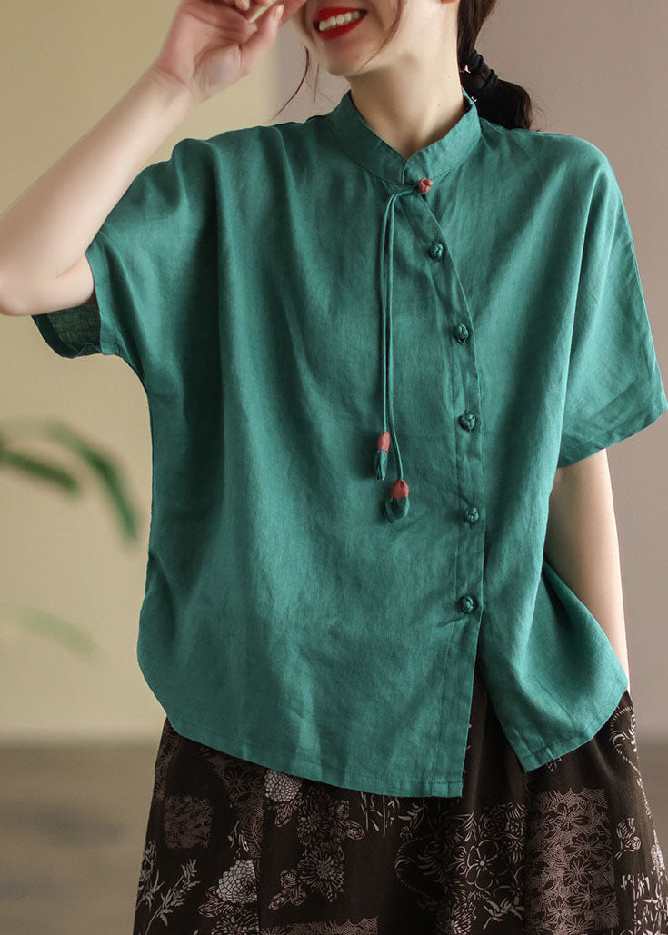 Green Stand Collar Tassel Asymmetrical Design Linen Shirts Short Sleeve
