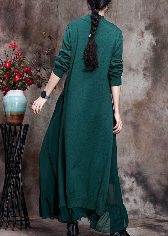 Green Stand Collar Asymmetrical Design Fall Knit Sweater Dress