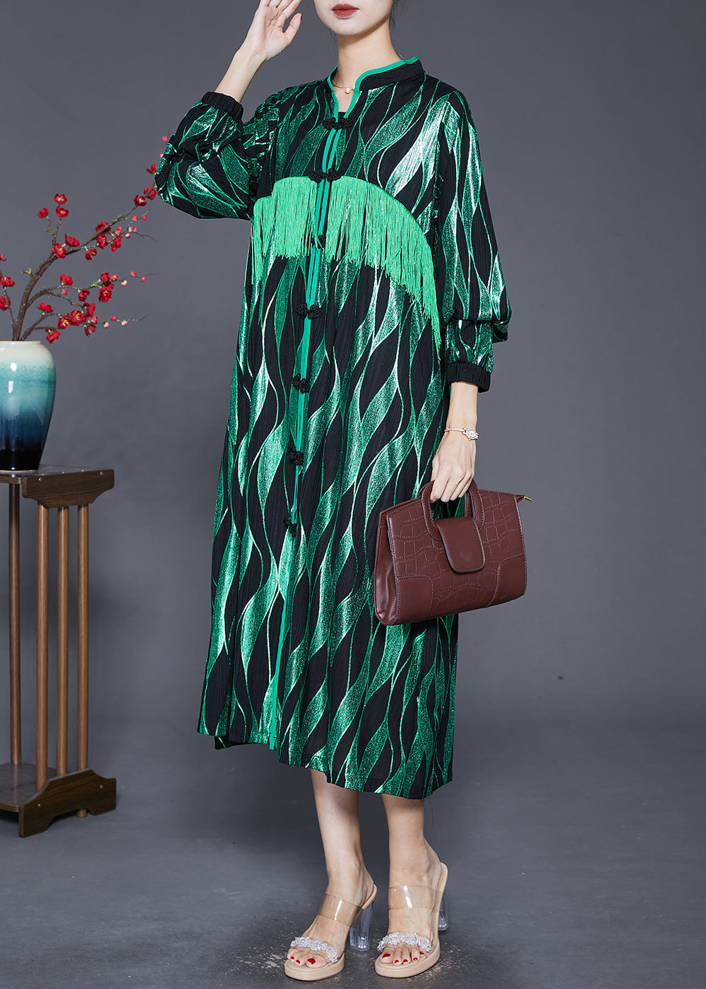 Green Striped Tasseled Chinese Button Silk Maxi Dresses Fall