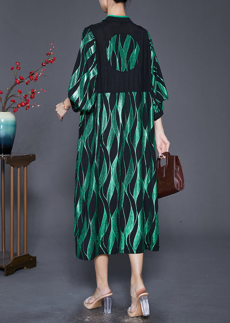 Green Striped Tasseled Chinese Button Silk Maxi Dresses Fall