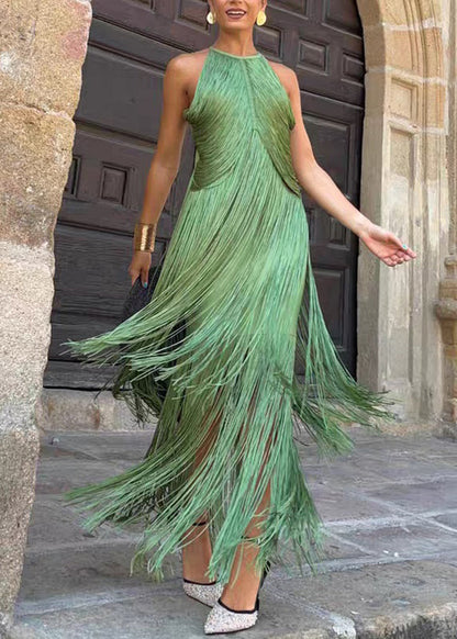 Green Tassel Patchwork Maxi Spaghetti Strap Dress Sleeveless