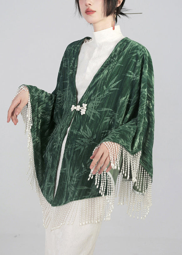 Green Tasseled Chinese Button Cotton Cape Coats Spring