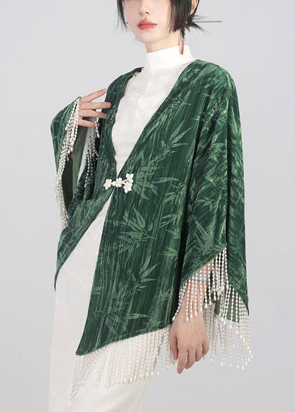Green Tasseled Chinese Button Cotton Cape Coats Spring