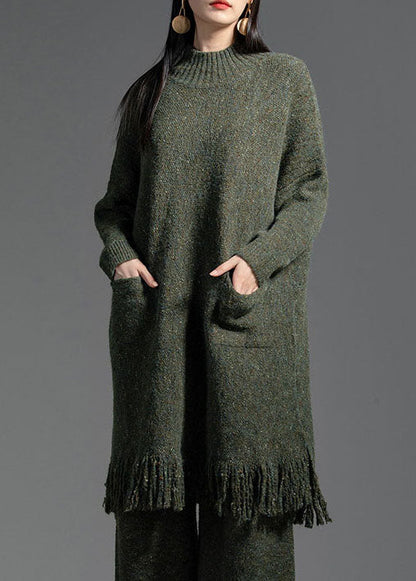 Green Tasseled Patchwork Wool Knitting Dress Winter