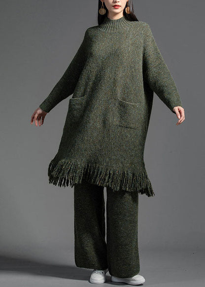 Green Tasseled Patchwork Wool Knitting Dress Winter