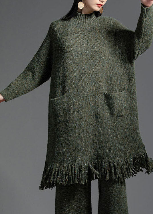 Green Tasseled Patchwork Wool Knitting Dress Winter