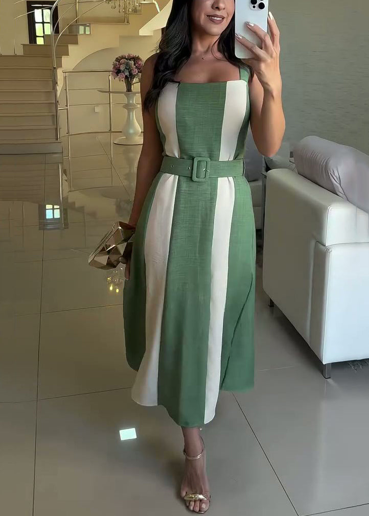 Green Tie Waist Patchwork Cotton Spaghetti Strap Dress Sleeveless