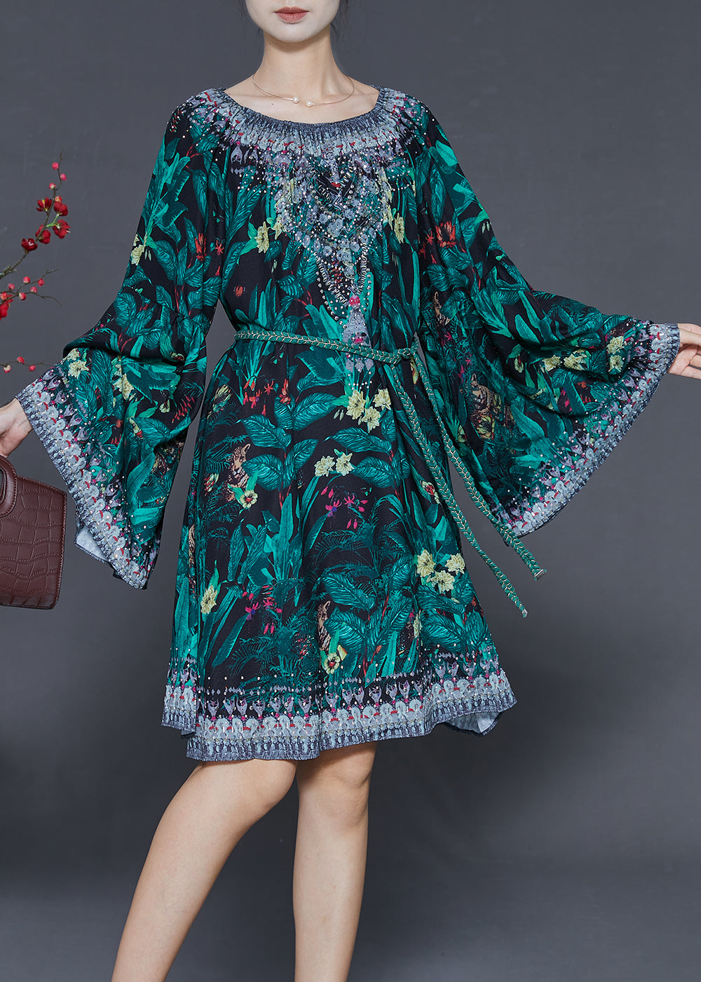 Green Tie Waist Print Chiffon Work Dress Flare Sleeve