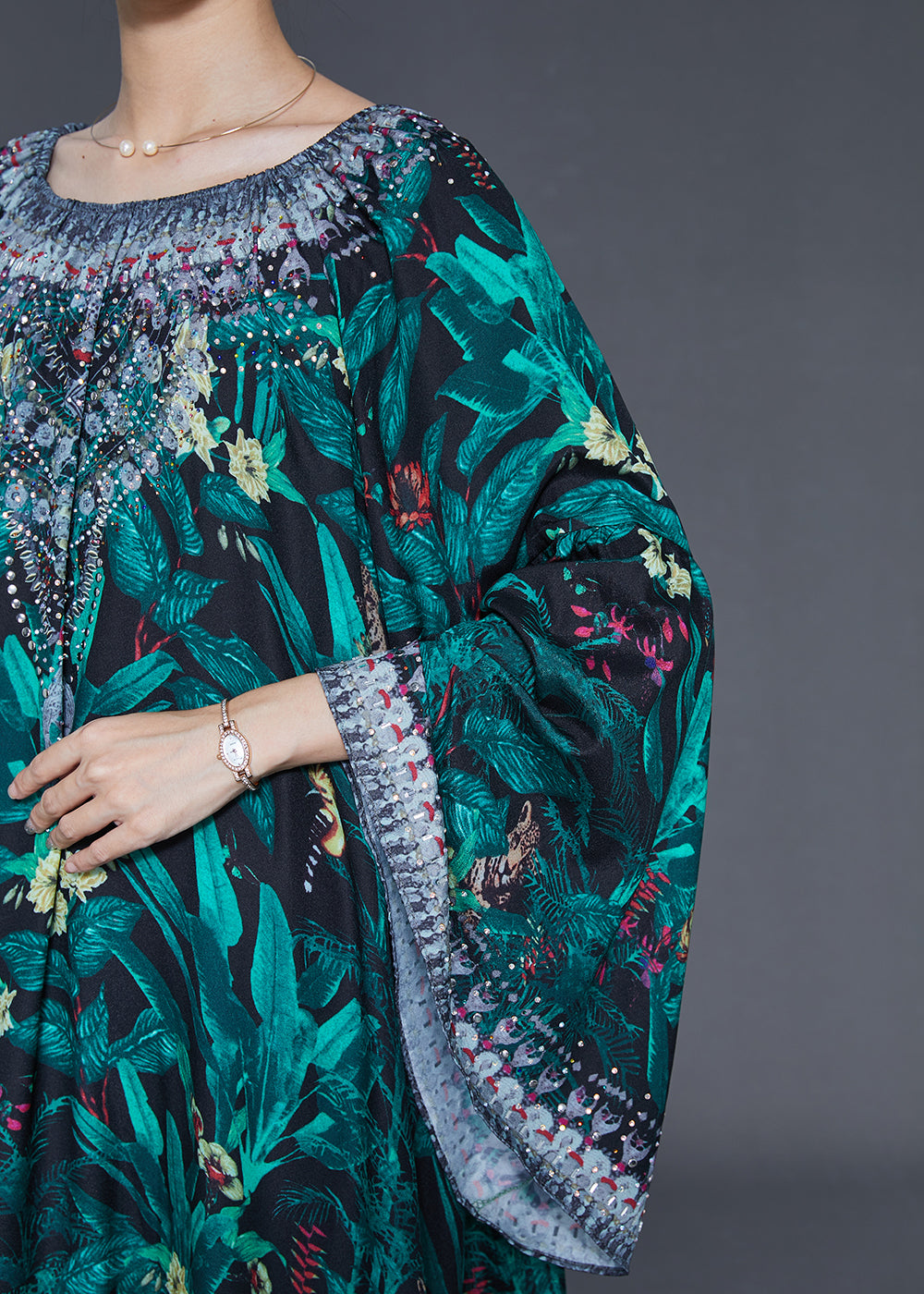 Green Tie Waist Print Chiffon Work Dress Flare Sleeve