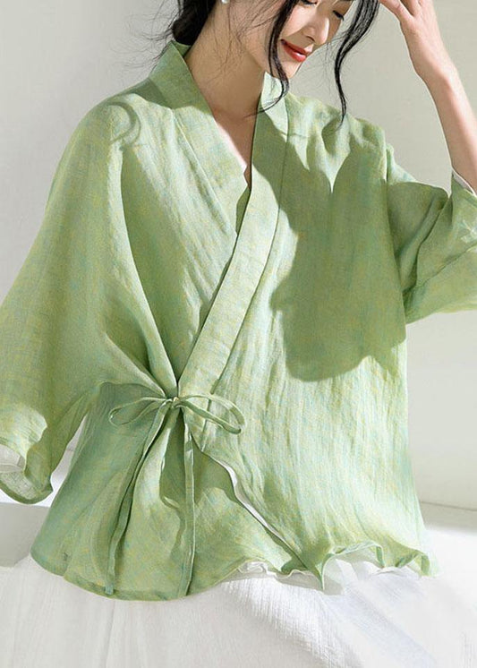 Green V Neck Butterfly Sleeve Tie Waist Summer Linen Tops