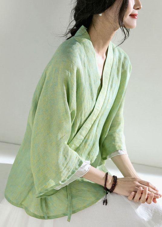 Green V Neck Butterfly Sleeve Tie Waist Summer Linen Tops