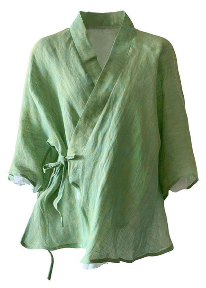 Green V Neck Butterfly Sleeve Tie Waist Summer Linen Tops