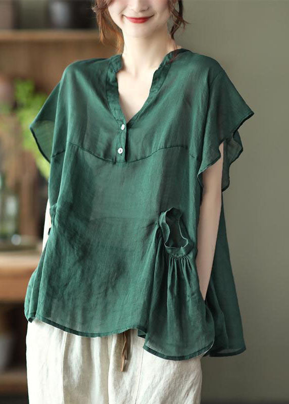 Green V Neck Button Fall Short Sleeve Blouse Top