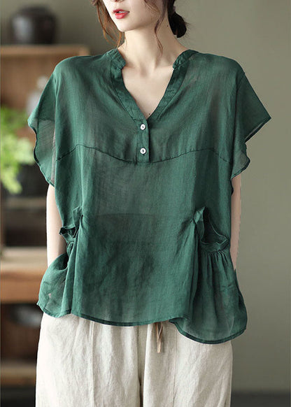 Green V Neck Button Fall Short Sleeve Blouse Top