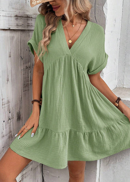 Green V Neck Cotton a Line Dresses Summer