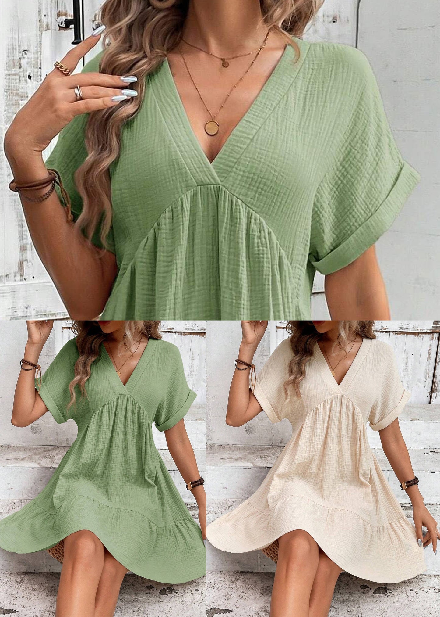 Green V Neck Cotton a Line Dresses Summer