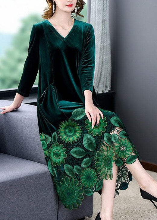 Green V Neck Print Patchwork Silk Velour Dresses Spring
