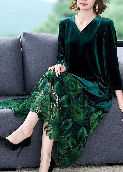 Green V Neck Print Patchwork Silk Velour Dresses Spring