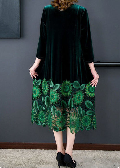 Green V Neck Print Patchwork Silk Velour Dresses Spring