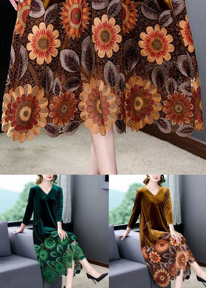 Green V Neck Print Patchwork Silk Velour Dresses Spring