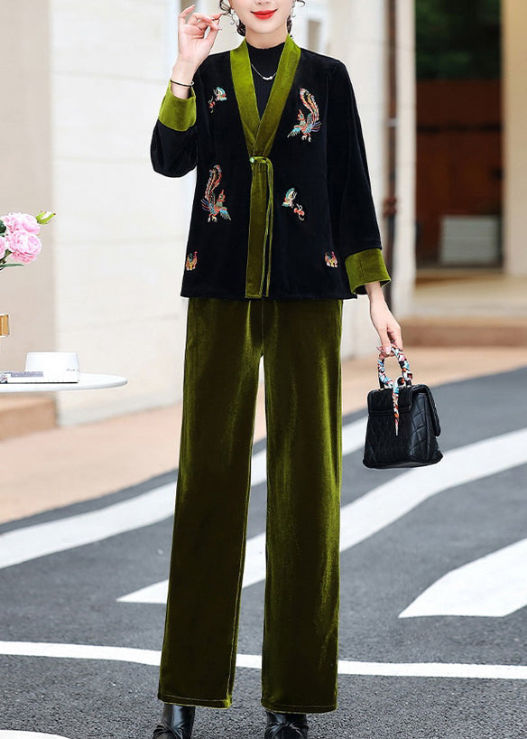Green V Neck Embroideried Silk Velour Coats and Pants Two Piece Set Fall