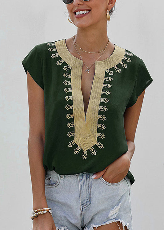 Green V Neck Patchwork Shirts Summer