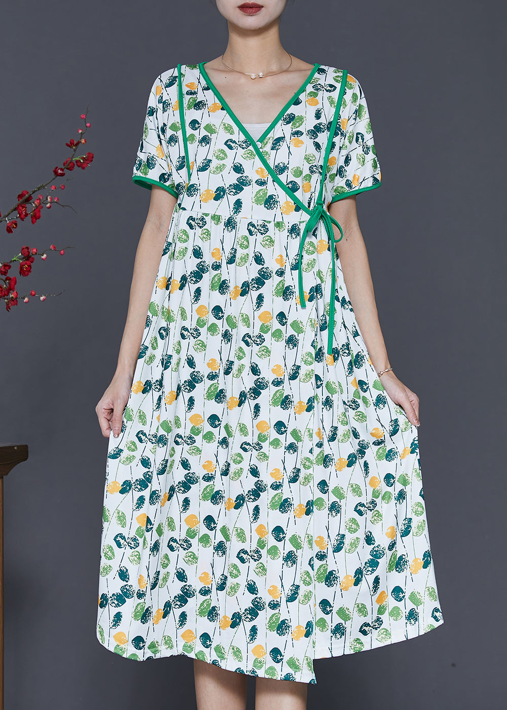 Green V Neck Print Cotton Dresses Summer