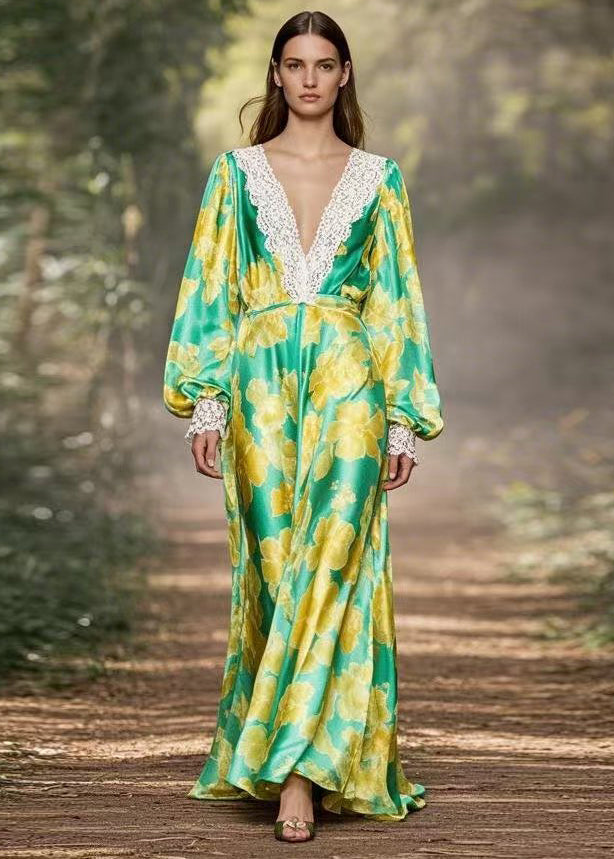 Green V Neck Print Lace Patchwork Silk Dress Spring