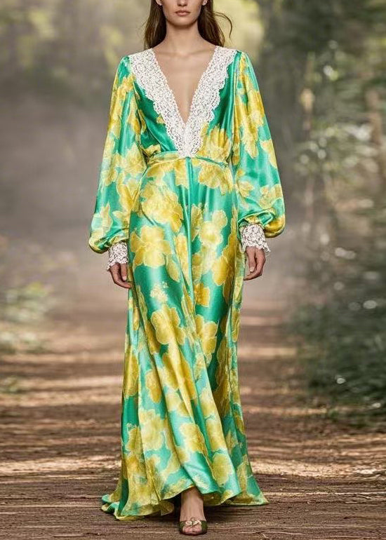 Green V Neck Print Lace Patchwork Silk Dress Spring