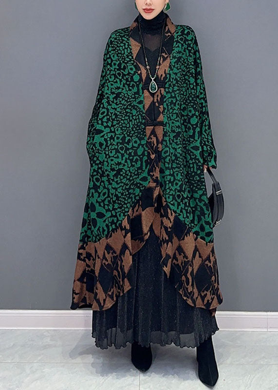 Green V Neck Print Patchwork Long Knit Cardigans Fall