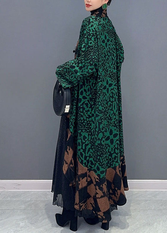 Green V Neck Print Patchwork Long Knit Cardigans Fall