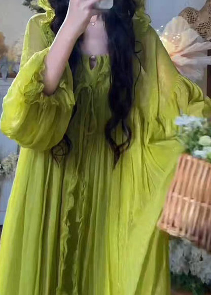 Green V Neck Ruffled Hooded Chiffon Maxi Dress Spring