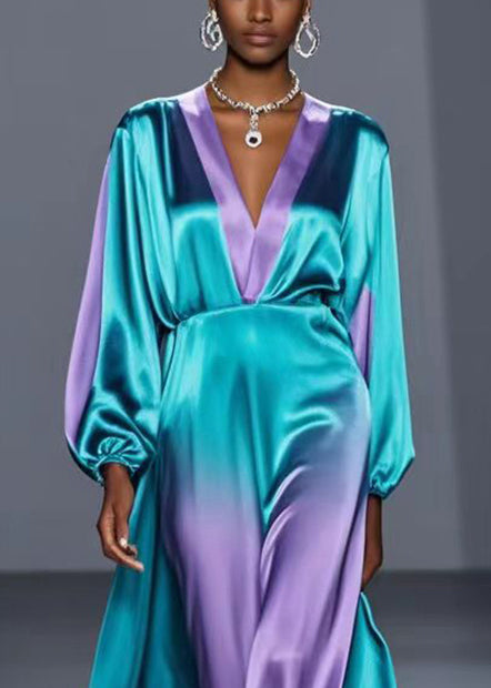 Green V Neck Tie Dye Silk Long Dress Spring