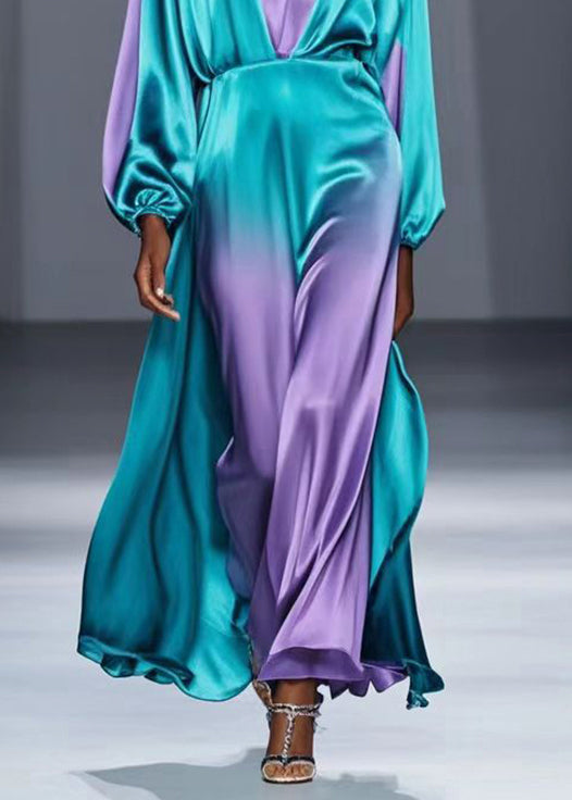Green V Neck Tie Dye Silk Long Dress Spring