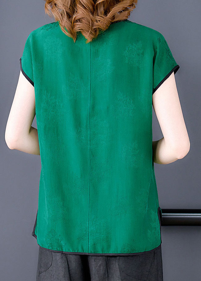 Green V Neck Jacquard Patchwork Silk Tanks Short Sleeve