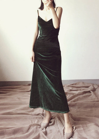 Green V Neck Velvet Spaghetti Strap Dress Spring