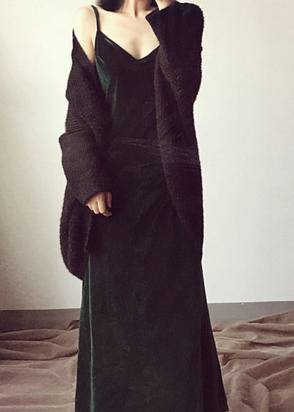 Green V Neck Velvet Spaghetti Strap Dress Spring